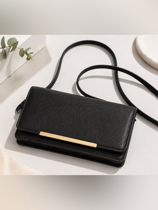Handbags - Black Crossbody Wallet Bag | Sleek Minimalist Shoulder Purse | Multi-Compartment